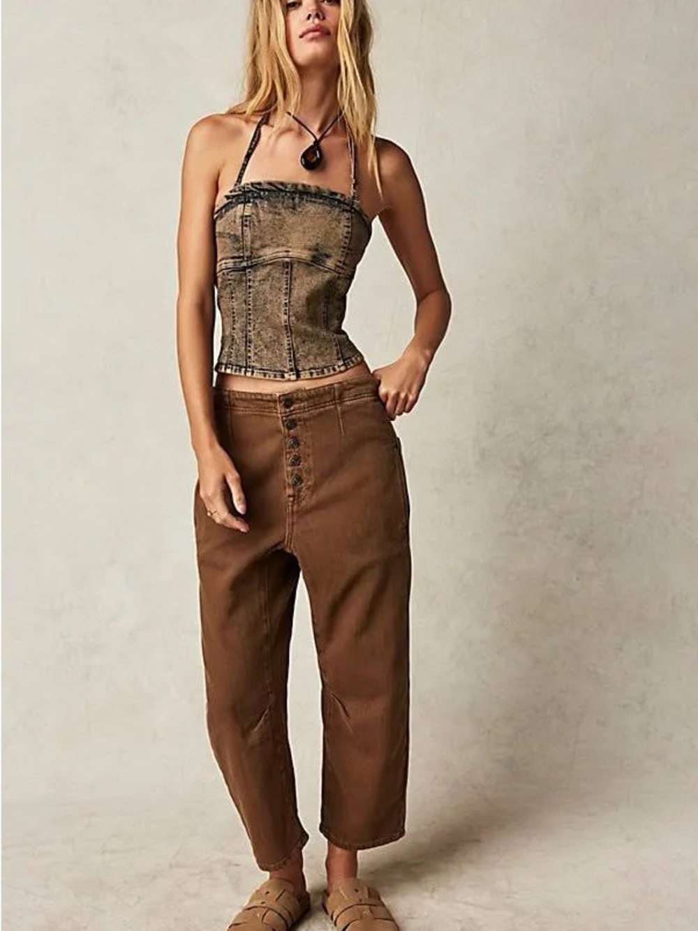 We The Free Brown Wide Leg High-Waist Button Fly Pants